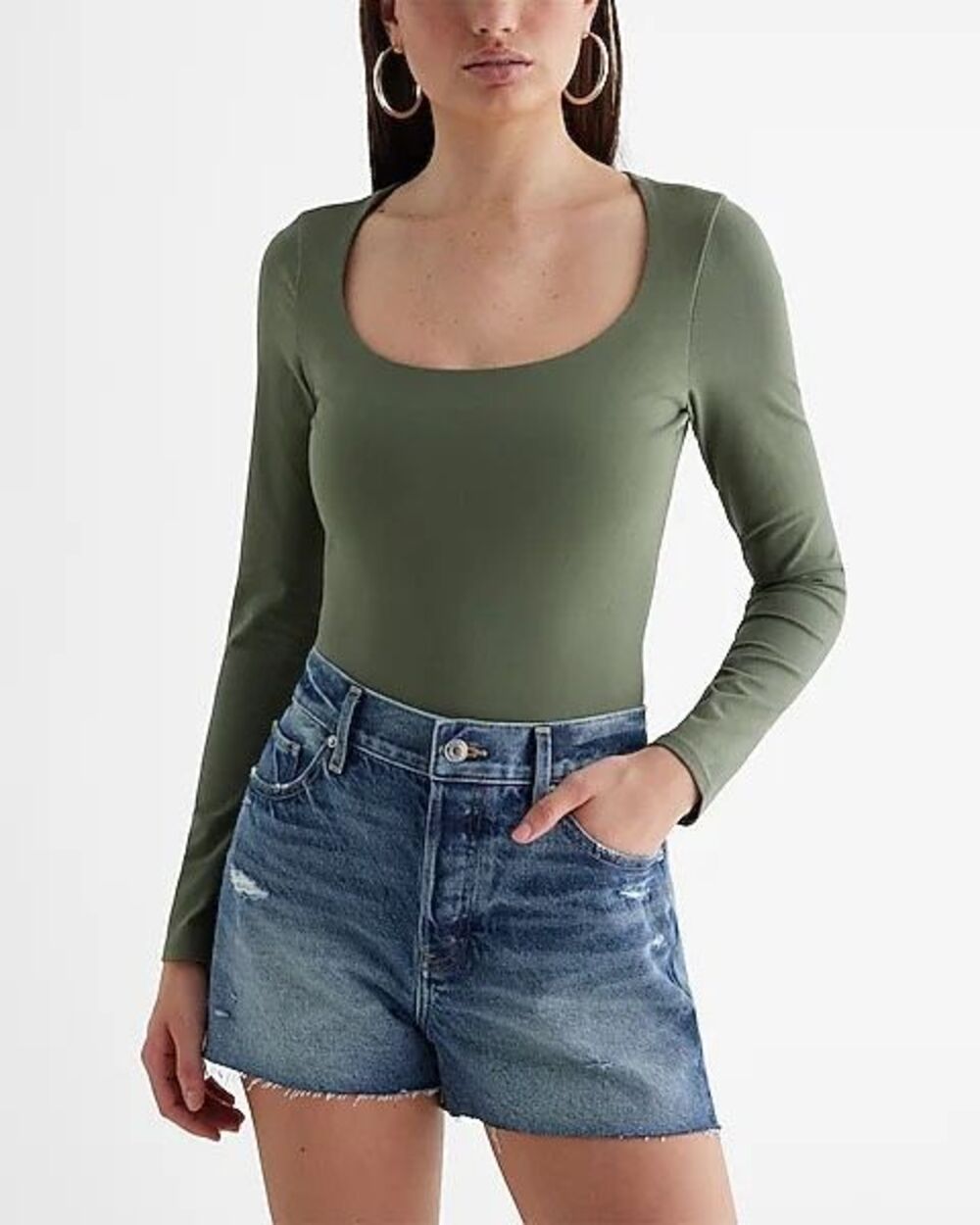 Express Teal Body Contour Light Compression Scoop Neck Long Sleeve Bodysuit Medi